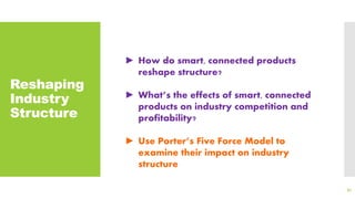 Reshaping
Industry
Structure
67
► How do smart, connected products
reshape structure?
► What’s the effects of smart, connected
products on industry competition and
profitability?
► Use Porter’s Five Force Model to
examine their impact on industry
structure
 