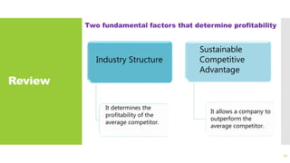 Review
77
Industry Structure
Sustainable
Competitive
Advantage
It determines the
profitability of the
average competitor.
It allows a company to
outperform the
average competitor.
Two fundamental factors that determine profitability
 