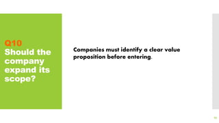 Q10
Should the
company
expand its
scope?
93
Companies must identify a clear value
proposition before entering.
 