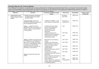 ‐83‐	
	
Strategic Objective III: Trade Facilitation
To contribute to Cambodia’s competitiveness in the world market by facilitating international trade flows, securing the international supply
chain, and streamlining customs procedures, the GDCE will continue to take the lead in developing and implementing measures to improve
inter-agency cooperation and coordination in provision of border service agency.
Objective Activities Performance Indicators/major
outputs
Time Frame Responsible Progress report
(comments)
1. Implementation of the
National Single Window
(NSW)
1.Manage the planning, development,
and implementation of the NSW,
AEC2015, ASW:
-Preparation Phase: preliminary
activities to establish the project and
Project Management Office;
-Phase 1: establish full Project
Management Office, procurement of
primary supplies, and development
of detailed plans;
-Phase 2: establish core physical and
ICT infrastructure and building First
Stage systems, testing and piloting
the system, establishing data centers,
communications infrastructure,
applications software tailoring, and
preliminary system piloting,
-Phase 3: develop full system and
rollout.
- Establish new NSWSC, Legal
and Technical Working Group
- Establish full Project Office
- Procure Project Specialist
- Prepare detailed Plans
- Develop Procurement
Documents
- Establish mechanism for
addressing law and regulations
- Training Course on of data
harmonization model
- Build and test Core Business
System
- Establish core infrastructure
- Build Certificate, License and
Permit (CLP) functionality
- Testing and pilot
Implementation
- Rollout border agency and CLP
functionality
- Connectivity of customs
automated system with sea ports
and airports
- Project completion and handover
- Review project outcome for
future expansion
- Further enhance the cooperation
among customs and stakeholders
by establishing MOUs.
- On-going
/2015-2018
- On-going /1st
Semester 2015
- 2015
- 2015-2016
- 2015
- 2015 -2016
- 2015 -2016
- 2015-2016
- 2017-2018
- 2017-2018
- 2018
- 2018
- On-going/2018
NSW-TAG
NSW-TAG
NSW-TAG
NSW-TAG
NSW-TAG
NSW-TAG
NSW-TAG
NSW-TAG
NSW-TAG
NSW-TAG
NSW-TAG
NSW-TAG
NSW-TAG
 