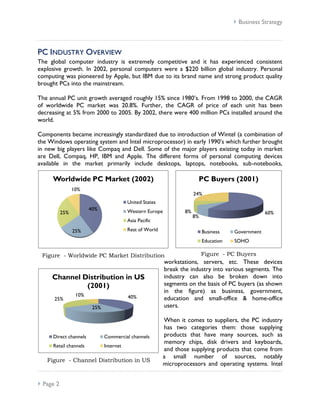  Business Strategy



P C I ND U ST RY O VE RV I E W
The global computer industry is extremely competitive and it has experienced consistent
explosive growth. In 2002, personal computers were a $220 billion global industry. Personal
computing was pioneered by Apple, but IBM due to its brand name and strong product quality
brought PCs into the mainstream.

The annual PC unit growth averaged roughly 15% since 1980’s. From 1998 to 2000, the CAGR
of worldwide PC market was 20.8%. Further, the CAGR of price of each unit has been
decreasing at 5% from 2000 to 2005. By 2002, there were 400 million PCs installed around the
world.

Components became increasingly standardized due to introduction of Wintel (a combination of
the Windows operating system and Intel microprocessor) in early 1990’s which further brought
in new big players like Compaq and Dell. Some of the major players existing today in market
are Dell, Compaq, HP, IBM and Apple. The different forms of personal computing devices
available in the market primarily include desktops, laptops, notebooks, sub-notebooks,

     Worldwide PC Market (2002)                                         PC Buyers (2001)
                 10%
                                                                       24%
                                          United States
                        40%               Western Europe          8%
           25%                                                                                       60%
                                                                       8%
                                          Asia Pacific

                 25%                      Rest of World                     Business    Government
                                                                            Education   SOHO

 Figure - Worldwide PC Market Distribution                                  Figure - PC Buyers
                                                           workstations, servers, etc. These devices
                                                           break the industry into various segments. The
     Channel Distribution in US                            industry can also be broken down into
              (2001)                                       segments on the basis of PC buyers (as shown
                                                           in the figure) as business, government,
                  10%                     40%
      25%                                                  education and small-office & home-office
                         25%                               users.

                                                          When it comes to suppliers, the PC industry
                                                          has two categories them: those supplying
     Direct channels           Commercial channels        products that have many sources, such as
                                                          memory chips, disk drivers and keyboards,
     Retail channels           Internet
                                                          and those supplying products that come from
                                                          a small number of sources, notably
   Figure - Channel Distribution in US
                                                          microprocessors and operating systems. Intel


 Page 2
 