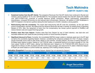 Tech Mahindra
                                                                                                      (CMP/TP: Rs907/1,168)

        Sustained traction from Non-BT clients: The company’s Revenues from Non-BT clients have continued to flourish and
        marked a strong CQGR of 16.1% over 1QFY06-3QFY10. The sustained volume traction from Non-BT clients (4% CQGR
        over 4QFY10-4QFY12E) continues to provide Revenue growth momentum, Margin improvement, geographical
        diversification, increased Off-shoring mix and reduced client concentration. Moreover, net addition of 3,897 employees in
        3QFY10 (highest in the last ten quarters) taking the total headcount to 30,404, indicates a strong pipeline .
                  ( g                            )     g                                                 g
        Restructuring ends the uncertainty: The recent deal restructuring with BT ends the uncertainty, as the new terms
        ensure compensatory volumes. We believe that the Advance Revenues will help it maintain its existing level of Operating
        Margins of 24%. Also, the repayment of loans from the compensatory fee receipt (upfront payment of Rs968cr) will
        reduce Interest costs and support Earnings growth.
        Positive news flow from Satyam: Positive news flow from Satyam by way of client retention, new deal wins and
        favorable settlement with Upaid are also providing comfort on future business prospects.
        Significant discount to Peers: Currently, the consolidated EBITDA margin outlook is relatively weak due to the BT deal
        as well as the uncertainty regarding Satyam. However, considering the company's pedigree of a Tier-1 IT player, margins
        s ou d e e tua y e e c ose pee e e s ased o t s p e se, c ud g Satya , t e stoc s oo g att act e o
        should eventually revive close to peer levels. Based on this premise, including Satyam, the stock is looking attractive on
        EV/Sales basis relative to peers, trading at 1.9x FY2010E sales, a substantial discount to its peers average of 3.5x. We
        have valued TechM on SOTP basis, valuing Tech Mahindra (excl. Satyam) at 13x FY2012E EPS (40% discount to our
        target P/E for Infosys v/s 55% at present and 20% to the 5-year average), and value its 42.7% stake in Mahindra Satyam
        at Rs287 per share based on current market cap, applying a 25% holding company discount.

Valuation Snapshot (Financials are excluding Satyam Market Cap not adjusted for Satyam)
                                             Satyam,
            EPS (Rs)                   RoE (%)                   P/E (x)                   P/BV (x)                   EV/Sales (x)

 FY10E       FY11E     FY12E   FY10E   FY11E     FY12E   FY10E   FY11E     FY12E   FY10E   FY11E      FY12E   FY10E     FY11E        FY12E

     53.2     60.7     67.8    28.5     25.1     22.1    17.0     14.9     13.4     4.3      3.3       2.6     1.9        1.7         1.4




25
 