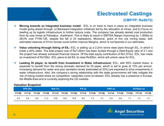 Electrosteel Castings
                                                                                                            (CMP/TP: Rs48/72)
       Moving towards an Integrated business model: ECL is on track to have in place an integrated business
       model going ahead through: a) Backward integration initiatives led by the allocation of mines, and b) Focus on
       beefing up its logistic infrastructure to further reduce costs. The company has already started coal production
       from its coal mines at Parbatpur, Jharkhand. This is likely to result in EBITDA Margin improving by 1,304bp to
       28.0%
       28 0% over FY09-12E despite the fall in DI realisations Moreover grant of iron ore mining lease with
                     FY09 12E,                             realisations. Moreover,                         lease,
       estimated reserves of 91mn tonnes could further improve Margins, which is not factored in our estimates.

       Value unlocking through listing of EIL: ECL is setting up a 2.2mn tonne steel plant through EIL, in which it
       holds a 40% stake. The total project cost of Rs7,262cr has been funded through a Debt-Equity ratio of 3:1 and
       the project has already achieved financial closure. Of the total equity contribution of Rs1,815cr, ECL has made
           p j               y                                           q y                      ,     ,
       an investment of Rs726cr. ECL plans to list EIL to raise Rs300cr, which will unlock value for ECL.

       Leading DI player, to benefit from Investment in Water Infrastructure: ECL, with 65% market share, is
       expected to benefit from the strong domestic demand for DI pipes, which is set to grow at 15% per annum.
       Increasing demand for water and poor sanitation levels (estimated at 33%) are expected to drive investments in
       water infrastructure. Also, the company’s strong relationship with the state governments will help mitigate the
       risk of losing market share as competitors’ capacities come on-stream. ECL already has a presence in Europe,
       the Middle-East and is currently exploring the US markets.

Valuation Snapshot
           EPS (Rs)                   RoE (%)                   P/E (x)                   P/BV (x)                   EV/Sales (x)

 FY10E      FY11E     FY12E   FY10E   FY11E     FY12E   FY10E   FY11E     FY12E   FY10E   FY11E      FY12E   FY10E     FY11E        FY12E

     4.5     5.6       6.6    11.3     12.8     13.6    10.8     8.6       7.3     1.0      0.9       0.8     1.7        1.5         1.4




32
 