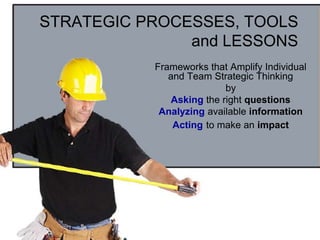 STRATEGIC PROCESSES, TOOLS and LESSONS Frameworks that Amplify Individual and Team Strategic Thinking by Asking the right questions Analyzing available information Actingto make an impact 