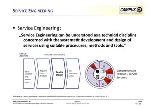 SERVICE	
  ENGINEERING	
  


  Service	
  Engineering	
  :	
  
              „Service	
  Engineering	
  can	
  be	
  understood	
  as	
  a	
  technical	
  discipline	
  
                concerned	
  with	
  the	
  systemaRc	
  development	
  and	
  design	
  of	
  
                services	
  using	
  suitable	
  procedures,	
  methods	
  and	
  tools.“	
  
             SERVICE	
  
                                                                   SERVICE	
  ENGINEERING	
  
             CREATION	
  




                                                                                                                                                                                    sSn	
               S1	
  
                         Idea-­‐                         Require-­‐
                                                                                           Service	
  	
                Im-­‐	
  	
  	
  	
  	
  	
  	
  	
  	
  	
  	
  	
  	
                                              Comprehensive	
  
                                                         ment	
                                                         plement-­‐	
  	
  	
  	
  	
  	
  	
  	
  	
  	
                                           sS1	
  
                         crea1on	
                                                         Design	
                                                                                                                          Product-­‐,	
  Service	
  
                         and	
                           Analysis	
                                                     a1on	
                                                                                     S2	
      Systems	
  
                         assess-­‐
                         ment	
                                                                                                                                                                                  sS2	
  
                                                                                                                                                                                              Sn	
     S3	
  



 Bullinger	
  et	
  al.,	
  Service	
  Engineering	
  –	
  Methodical	
  Development	
  of	
  New	
  Service	
  Products,	
  Int.	
  J.	
  Produc1on	
  Economics	
  85	
  (2003)	
  275–287,	
  S.	
  2	
  


h)p://iwi.campus02.at	
                                                                                                                      IESS	
  2011	
                                                                                                     Genf	
  
©	
  2011CAMPUS	
  02	
  Informa1ontechnologies	
  &	
  Business	
  Informa1cs	
                                  FH-­‐Prof.	
  MMag.	
  Dr.	
  Ernst	
  Kreuzer,	
  MSc	
                                                                         Seite	
  -­‐	
  21	
  -­‐	
  
 