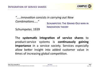 INTEGRATION	
  OF	
  SERVICE	
  SHARES	
  


                      “…..innova0on	
  consists	
  in	
  carrying	
  out	
  New	
  
                      Combina0ons…..“	
  
                                                                                                     SCHUMPETER:	
  THE	
  GRAND	
  OLD	
  MAN	
  IN	
  
                                                                                                     INNOVATION	
  THEORY	
  
                      Schumpeter,	
  1939	
  

                     The	
   systemaRc	
   integraRon	
   of	
   service	
   shares	
   to	
  
                     product-­‐service	
   systems	
   is	
   conRnuously	
   gaining	
  
                     importance	
   in	
   a	
   service	
   society.	
   Services	
   especially	
  
                     allow	
   beZer	
   insight	
   into	
   added	
   customer	
   value	
   in	
  
                     1mes	
  of	
  increasing	
  global	
  compe11on.	
  


h)p://iwi.campus02.at	
                                                                                 IESS	
  2011	
                                         Genf	
  
©	
  2011CAMPUS	
  02	
  Informa1ontechnologies	
  &	
  Business	
  Informa1cs	
     FH-­‐Prof.	
  MMag.	
  Dr.	
  Ernst	
  Kreuzer,	
  MSc	
        Seite	
  -­‐	
  4	
  -­‐	
  
 