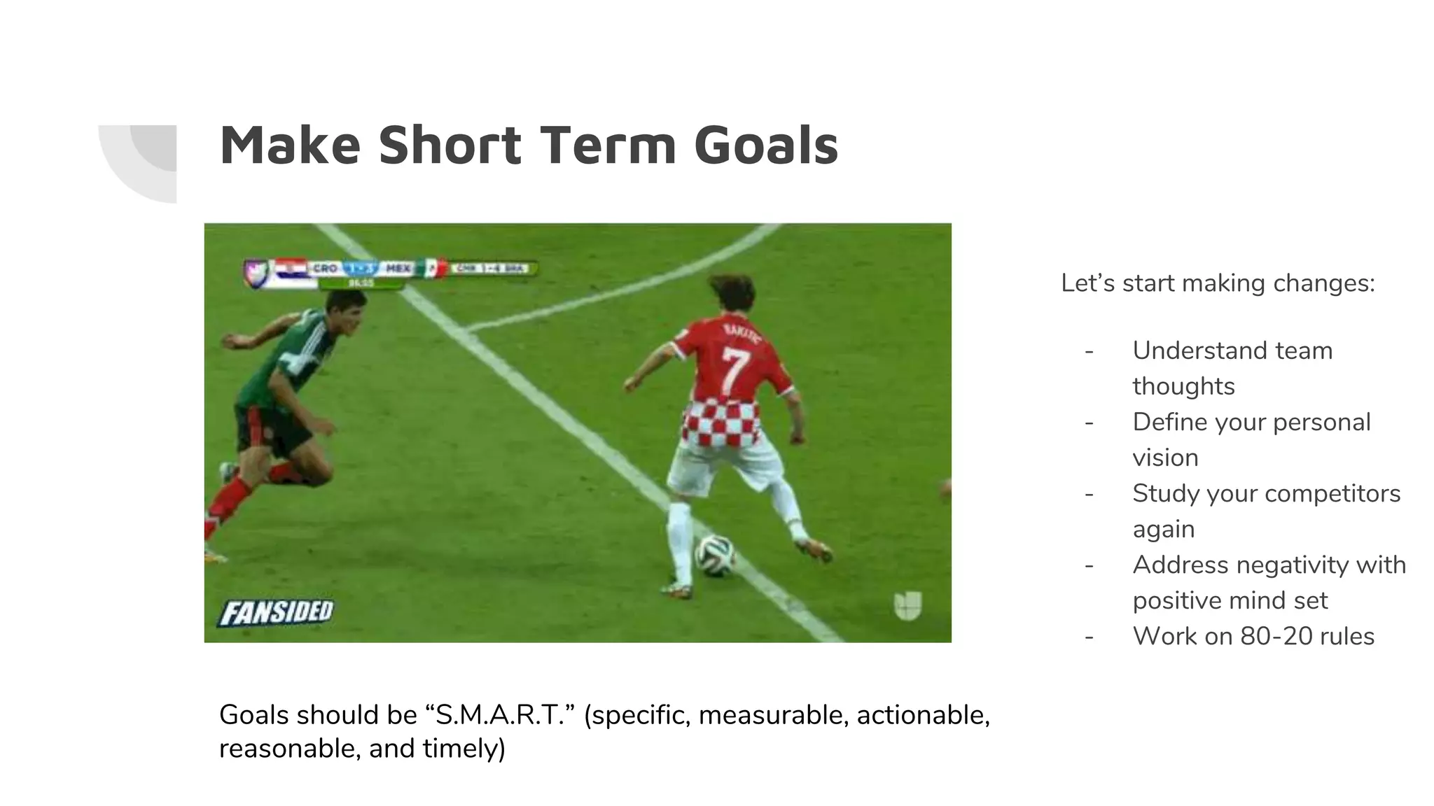 Make Short Term Goals
Let’s start making changes:
- Understand team
thoughts
- Define your personal
vision
- Study your competitors
again
- Address negativity with
positive mind set
- Work on 80-20 rules
Goals should be “S.M.A.R.T.” (specific, measurable, actionable,
reasonable, and timely)
 