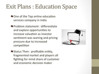 Exit	Plans	:	Education	Space	
One	of	the	Top	online	educaPon	
services	company	in	India	
Problem	statement	:	diﬀerenPate	
and	explore	opportuniPes	to	
increase	valuaPon	as	investor	
senPment	was	waning	and	pricing	
pressure	due	to	increased	
compePPon	
Status	Then	:	proﬁtable	enPty,	
fragmented	market	and	players	all	
ﬁghPng	for	mind	share	of	customer	
and	economic	decision	maker	
 