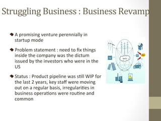 Struggling	Business	:	Business	Revamp	
A	promising	venture	perennially	in	
startup	mode	
Problem	statement	:	need	to	ﬁx	things	
inside	the	company	was	the	dictum	
issued	by	the	investors	who	were	in	the	
US	
Status	:	Product	pipeline	was	sPll	WIP	for	
the	last	2	years,	key	staﬀ	were	moving	
out	on	a	regular	basis,	irregulariPes	in	
business	operaPons	were	rouPne	and	
common	
 