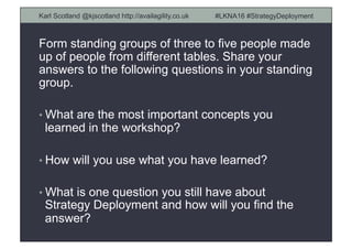 Form standing groups of three to five people made
up of people from different tables. Share your
answers to the following questions in your standing
group.
• What are the most important concepts you
learned in the workshop?
• How will you use what you have learned?
• What is one question you still have about
Strategy Deployment and how will you find the
answer?
Karl Scotland @kjscotland http://availagility.co.uk #LKNA16 #StrategyDeployment
 