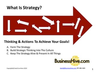 What Is Strategy?
1
Thinking & Actions To Achieve Your Goals!
A. Form The Strategy
B. Build Strategic Thinking Into The Culture
C. Keep The Strategy Alive & Present In All Things
Copyright@ David Carrithers 2019 david@Businesshive.com 707-‐484-‐3620
 