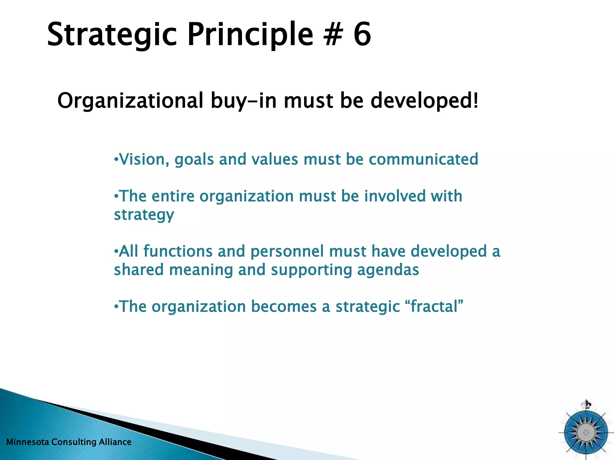 Strategic Principle # 6 
Organizational buy-in must be developed! 
•Vision, goals and values must be communicated 
•The entire organization must be involved with 
strategy 
•All functions and personnel must have developed a 
shared meaning and supporting agendas 
•The organization becomes a strategic “fractal” 
Minnesota Consulting Alliance 
 