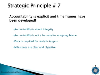 Strategic Principle # 7 
Accountability is explicit and time frames have 
been developed! 
•Accountability is about integrity 
•Accountability is not a formula for assigning blame 
•Data is required for realistic targets 
•Milestones are clear and objective 
Minnesota Consulting Alliance 
 