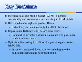 Key Decisions
   Increased sales and promo budget ($25M) to increase
    accessibility and awareness while investing in TQM ($9M).
   Developed a new high-end product Dazey.
      Did not buy sufficient capacity for 200% utilization.

   Repositioned Dell (low-end) before other teams.
      Competitive advantage of having a mature well positioned

        product in later rounds.
   Optimistic forecasting in traditional segment to gain market
    left by Erie.
      Inventory increased due to Andrews moving into the
        traditional segment and poor positioning.
 