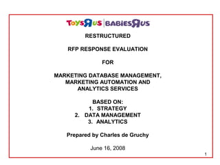 1
RESTRUCTURED
RFP RESPONSE EVALUATION
FOR
MARKETING DATABASE MANAGEMENT,
MARKETING AUTOMATION AND
ANALYTICS SERVICES
BASED ON:
1. STRATEGY
2. DATA MANAGEMENT
3. ANALYTICS
Prepared by Charles de Gruchy
June 16, 2008
 