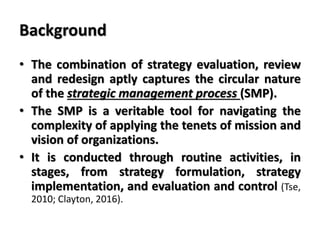 Background
• The combination of strategy evaluation, review
and redesign aptly captures the circular nature
of the strategic management process (SMP).
• The SMP is a veritable tool for navigating the
complexity of applying the tenets of mission and
vision of organizations.
• It is conducted through routine activities, in
stages, from strategy formulation, strategy
implementation, and evaluation and control (Tse,
2010; Clayton, 2016).
 
