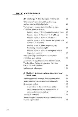 PART   2 ACT WITHIN THE 8
               III. Challenge 1: Aim: Can you reach 245?               41
               What you can learn from 100 goal-setting
               studies with 40,000 individuals                         43
               The six secret success factors for best-in-class
               individual objective setting:                           44
                    Success factor 1: Don’t break the strategy chain   45
                    Success factor 2: Make sure it all adds up         46
                    Success factor 3: Don’t be too SMART               47
                    Success factor 4: Don’t assume too quickly that
                    someone is motivated                               47
                    Success factor 5: Focus on getting the
                    leadership objectives right                        48
                    Success factor 6: Don’t let a template ruin an
                    important exercise                                 49
               What your organisation can do to improve
               individual goal setting                                 50
               A view on Strategy Execution by Michael Smith,
               Vice President Group Strategy and Planning,
               Coca-Cola North America                                 53
               Performance takeaways                                   58

               IV. Challenge 2: Communicate: 121, 1210 and
               12100 or more                                           61
               Building pyramids: strategic thinking demystiﬁed        61
               Boost your one-to-one communication skills              64
               Become an author:                                       65
                    A few tricks of the copywriters’ trade             66
                    Make killer PowerPoint presentations to
                    communicate your strategy                          67
               Inspire an audience                                     70
               Nineteen tips to improve strategy communication
               in your organisation                                    72




XIV
 