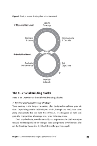 Figure 1. The 8, a unique Strategy Execution framework


                                       Update
  Organisation Level                  Strategy




                Compare                                        Communicate
                 & Learn                                       & Cascade



                                        Manage
                                       initiatives
  Individual Level


               Evaluate                                        Set
           Performance                                         Objectives


                                                           ®
                                       Monitor
                                       & Coach




The 8 – crucial building blocks 
Here is an overview of the different building blocks:

1. Review and update your strategy
Your strategy is the long-term action plan designed to achieve your vi-
sion. Depending on the industry you are in, it maps the road your com-
pany should take for the next 3-to-10 years. It’s designed to help you
gain the competitive advantage over your industry peers.
   On a regular basis, usually annually, a company needs (and wants) to
update its strategy based on changes in its competitive environment and
on the Strategy Execution feedback from the previous cycle.



Chapter I - A new mathematical enigma: performance 0+0=8                     23
 