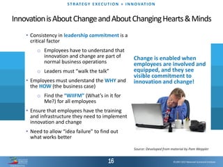 ©1997-2017 Balanced Scorecard Institute.
ST R AT EGY E XEC UT I O N + I N N OVAT I O N
InnovationisAboutChangeandAboutChangingHearts&Minds
• Consistency in leadership commitment is a
critical factor
o Employees have to understand that
innovation and change are part of
normal business operations
o Leaders must “walk the talk”
• Employees must understand the WHY and
the HOW (the business case)
o Find the “WIIFM” (What’s in it for
Me?) for all employees
• Ensure that employees have the training
and infrastructure they need to implement
innovation and change
• Need to allow “idea failure” to find out
what works better
Change is enabled when
employees are involved and
equipped, and they see
visible commitment to
innovation and change!
Source: Developed from material by Pam Weppler
 