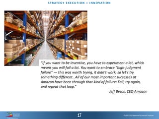 ©1997-2017 Balanced Scorecard Institute.
ST R AT EGY E XEC UT I O N + I N N OVAT I O N
“If you want to be inventive, you have to experiment a lot, which
means you will fail a lot. You want to embrace “high-judgment
failure” — this was worth trying, it didn’t work, so let’s try
something different…All of our most important successes at
Amazon have been through that kind of failure: Fail, try again,
and repeat that loop.”
Jeff Bezos, CEO Amazon
 