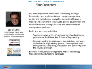 ©1997-2017 Balanced Scorecard Institute.
ST R AT EGY E XEC UT I O N + I N N OVAT I O N
©1997-2017 Balanced Scorecard Institute.
YourPresenters
• 40+ years experience in business structuring, strategy
formulation and implementation, change management,
design and execution of innovative operational business
models and solutions in the private, public, government and
nonprofit sectors through first-line and executive level
management positions
• Profit and loss responsibilities:
–Senior executive university management and instructor
positions at the Milwaukee School of Engineering
–Manager and Systems Engineer in marketing, hardware
and software engineering, product development and
management, consulting, education, and publishing with
the IBM Corporation
• Bachelor in Industrial Management, MBA – Technology
Management and Doctoral candidate
Joe DeCarlo
BSMP, PMMP, PMM, MBA
Vice President, International
Balanced Scorecard Institute
 