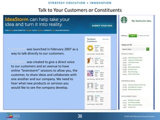 ©1997-2017 Balanced Scorecard Institute.
ST R AT EGY E XEC UT I O N + I N N OVAT I O N
Talk to Your Customers or Constituents
• IdeaStorm was launched in February 2007 as a
way to talk directly to our customers.
• IdeaStorm was created to give a direct voice
to our customers and an avenue to have
online “brainstorm” sessions to allow you, the
customer, to share ideas and collaborate with
one another and our company. We need to
hear what new products or services you
would like to see the company develop.
 