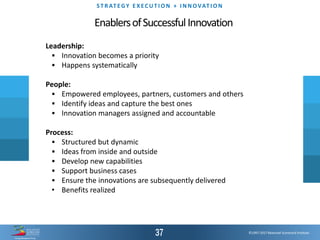 ©1997-2017 Balanced Scorecard Institute.
ST R AT EGY E XEC UT I O N + I N N OVAT I O N
EnablersofSuccessfulInnovation
Leadership:
▪ Innovation becomes a priority
▪ Happens systematically
People:
▪ Empowered employees, partners, customers and others
▪ Identify ideas and capture the best ones
▪ Innovation managers assigned and accountable
Process:
▪ Structured but dynamic
▪ Ideas from inside and outside
▪ Develop new capabilities
▪ Support business cases
▪ Ensure the innovations are subsequently delivered
• Benefits realized
 