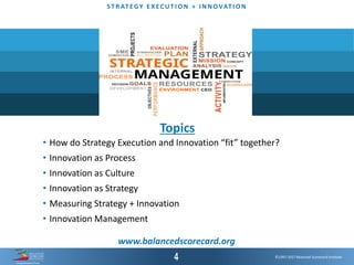 ©1997-2017 Balanced Scorecard Institute.
ST R AT EGY E XEC UT I O N + I N N OVAT I O N
©1997-2016 Balanced Scorecard Institute.©1997-2017 Balanced Scorecard Institute.
www.balancedscorecard.org
• How do Strategy Execution and Innovation “fit” together?
• Innovation as Process
• Innovation as Culture
• Innovation as Strategy
• Measuring Strategy + Innovation
• Innovation Management
Topics
 