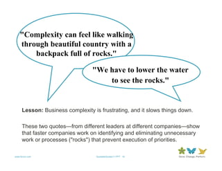 "Complexity can feel like walking
    through beautiful country with a
        backpack full of rocks."

                                 "We have to lower the water
                                     to see the rocks."


     Lesson: Business complexity is frustrating, and it slows things down.

     These two quotes—from different leaders at different companies—show
     that faster companies work on identifying and eliminating unnecessary
     work or processes ("rocks") that prevent execution of priorities.

www.forum.com                     QuotableQuotes11.PPT 16
 