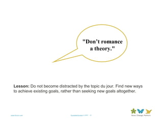 "Don’t romance
                                               a theory."




   Lesson: Do not become distracted by the topic du jour. Find new ways
   to achieve existing goals, rather than seeking new goals altogether.




www.forum.com                    QuotableQuotes11.PPT 17
 