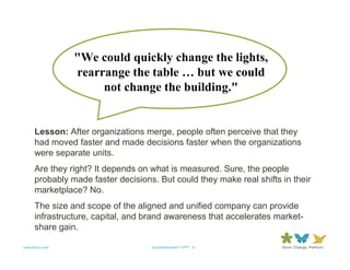 "We could quickly change the lights,
                rearrange the table … but we could
                     not change the building."


     Lesson: After organizations merge, people often perceive that they
     had moved faster and made decisions faster when the organizations
     were separate units.
     Are they right? It depends on what is measured. Sure, the people
     probably made faster decisions. But could they make real shifts in their
     marketplace? No.
     The size and scope of the aligned and unified company can provide
     infrastructure, capital, and brand awareness that accelerates market-
     share gain.

www.forum.com                      QuotableQuotes11.PPT 8
 