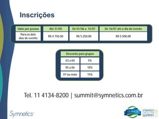 Inscrições
Valor por pessoa Até 31/05 De 01/06 a 15/07 De 16/07 até o dia do evento
Para os dois
dias de evento
R$ 4.750,00 R$ 5.250,00 R$ 5.500,00
Desconto para grupos
03 a 04
05 a 06
07 ou mais
5%
10%
15%
Tel. 11 4134-8200 | summit@symnetics.com.br
 