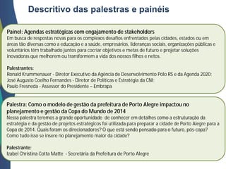 Painel: Agendas estratégicas com engajamento de stakeholders
Em busca de respostas novas para os complexos desafios enfrentados pelas cidades, estados ou em
áreas tão diversas como a educação e a saúde, empresários, lideranças sociais, organizações públicas e
voluntários têm trabalhado juntos para cocriar objetivos e metas de futuro e projetar soluções
inovadoras que melhorem ou transformem a vida dos nossos filhos e netos.
Palestrantes:
Ronald Krummenauer - Diretor Executivo da Agência de Desenvolvimento Pólo RS e da Agenda 2020;
José Augusto Coelho Fernandes - Diretor de Políticas e Estratégia da CNI;
Paulo Fresneda - Assessor do Presidente – Embrapa
Palestra: Como o modelo de gestão da prefeitura de Porto Alegre impactou no
planejamento e gestão da Copa do Mundo de 2014
Nessa palestra teremos a grande oportunidade de conhecer em detalhes como a estruturação da
estratégia e da gestão de projetos estratégicos foi utilizada para preparar a cidade de Porto Alegre para a
Copa de 2014. Quais foram os direcionadores? O que está sendo pensado para o futuro, pós-copa?
Como tudo isso se insere no planejamento maior da cidade?
Palestrante:
Izabel Christina Cotta Matte - Secretária da Prefeitura de Porto Alegre
Descritivo das palestras e painéis
 