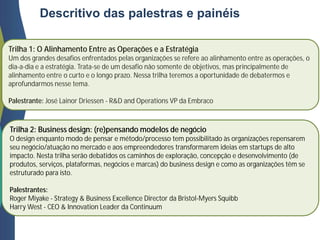 Descritivo das palestras e painéis
Trilha 1: O Alinhamento Entre as Operações e a Estratégia
Um dos grandes desafios enfrentados pelas organizações se refere ao alinhamento entre as operações, o
dia-a-dia e a estratégia. Trata-se de um desafio não somente de objetivos, mas principalmente de
alinhamento entre o curto e o longo prazo. Nessa trilha teremos a oportunidade de debatermos e
aprofundarmos nesse tema.
Palestrante: José Lainor Driessen - R&D and Operations VP da Embraco
Trilha 2: Business design: (re)pensando modelos de negócio
O design enquanto modo de pensar e método/processo tem possibilitado às organizações repensarem
seu negócio/atuação no mercado e aos empreendedores transformarem ideias em startups de alto
impacto. Nesta trilha serão debatidos os caminhos de exploração, concepção e desenvolvimento (de
produtos, serviços, plataformas, negócios e marcas) do business design e como as organizações têm se
estruturado para isto.
Palestrantes:
Roger Miyake - Strategy & Business Excellence Director da Bristol-Myers Squibb
Harry West - CEO & Innovation Leader da Continuum
 