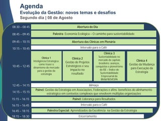 Agenda
Evolução da Gestão: novos temas e desafios
Segundo dia | 08 de Agosto
Palestra Economia Ecológica – O caminho para sustentabilidade
Almoço
Abertura das Clínicas em Plenária
Painel: Gestão da Estratégia em Associações, Federações e afins: benefícios do alinhamento
estratégico em contextos complexos que envolvem múltiplas organizações
08:30 – 08:45
08:45 – 09:45
09:45 – 10:15
10:15 – 10:45
12:45 – 14:15
14:15 – 15:15
15:15 – 16:15
16:45 – 18:15
Abertura do Dia
Intervalo para o Café
10:45 – 12:45
Clínica 1
Inteligência Estratégica:
como trazer o
dinamismo do mercado
para a gestão da
estratégia
Clínica 2
Gestão de Projetos
Estratégicos e seu
impacto no
resultado
Clínica 3
Sustentabilidade no
mercado de capitais
brasileiro: avanços,
conquistas e pioneirismo
do ISE – Índice de
Sustentabilidade
Empresarial da
BM&FBOVESPA
Clínica 4
Gestão da Mudança
para Execução da
Estratégia
Painel: Liderança para Resultados
Intervalo para o Café
Palestra Especial: Aprendizados da Excelência na Gestão da Estratégia
16:15 – 16:45
Encerramento18:15 – 18:30
 
