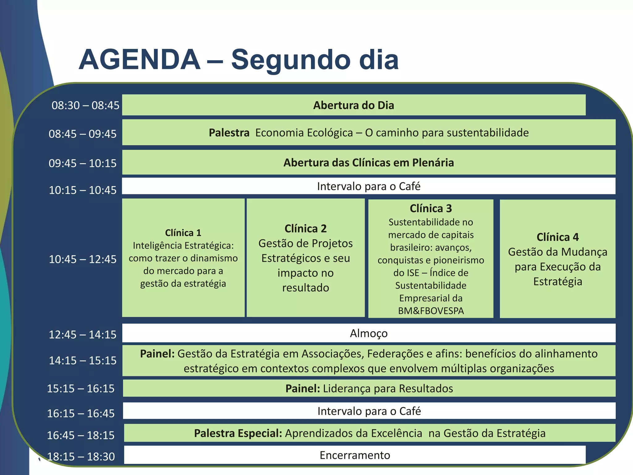 AGENDA – Segundo dia
Palestra Economia Ecológica – O caminho para sustentabilidade
Almoço
Abertura das Clínicas em Plenária
Painel: Gestão da Estratégia em Associações, Federações e afins: benefícios do alinhamento
estratégico em contextos complexos que envolvem múltiplas organizações
08:30 – 08:45
08:45 – 09:45
09:45 – 10:15
10:15 – 10:45
12:45 – 14:15
14:15 – 15:15
15:15 – 16:15
16:45 – 18:15
Abertura do Dia
Intervalo para o Café
10:45 – 12:45
Clínica 1
Inteligência Estratégica:
como trazer o dinamismo
do mercado para a
gestão da estratégia
Clínica 2
Gestão de Projetos
Estratégicos e seu
impacto no
resultado
Clínica 3
Sustentabilidade no
mercado de capitais
brasileiro: avanços,
conquistas e pioneirismo
do ISE – Índice de
Sustentabilidade
Empresarial da
BM&FBOVESPA
Clínica 4
Gestão da Mudança
para Execução da
Estratégia
Painel: Liderança para Resultados
Intervalo para o Café
Palestra Especial: Aprendizados da Excelência na Gestão da Estratégia
16:15 – 16:45
Encerramento18:15 – 18:30
 
