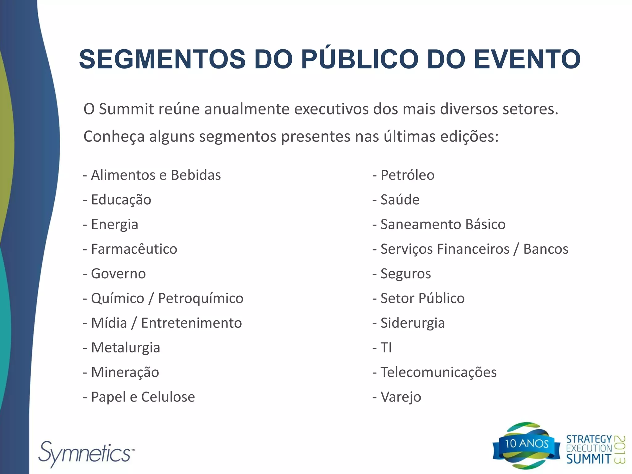 SEGMENTOS DO PÚBLICO DO EVENTO
O Summit reúne anualmente executivos dos mais diversos setores.
Conheça alguns segmentos presentes nas últimas edições:
- Alimentos e Bebidas
- Educação
- Energia
- Farmacêutico
- Governo
- Químico / Petroquímico
- Mídia / Entretenimento
- Metalurgia
- Mineração
- Papel e Celulose
- Petróleo
- Saúde
- Saneamento Básico
- Serviços Financeiros / Bancos
- Seguros
- Setor Público
- Siderurgia
- TI
- Telecomunicações
- Varejo
 