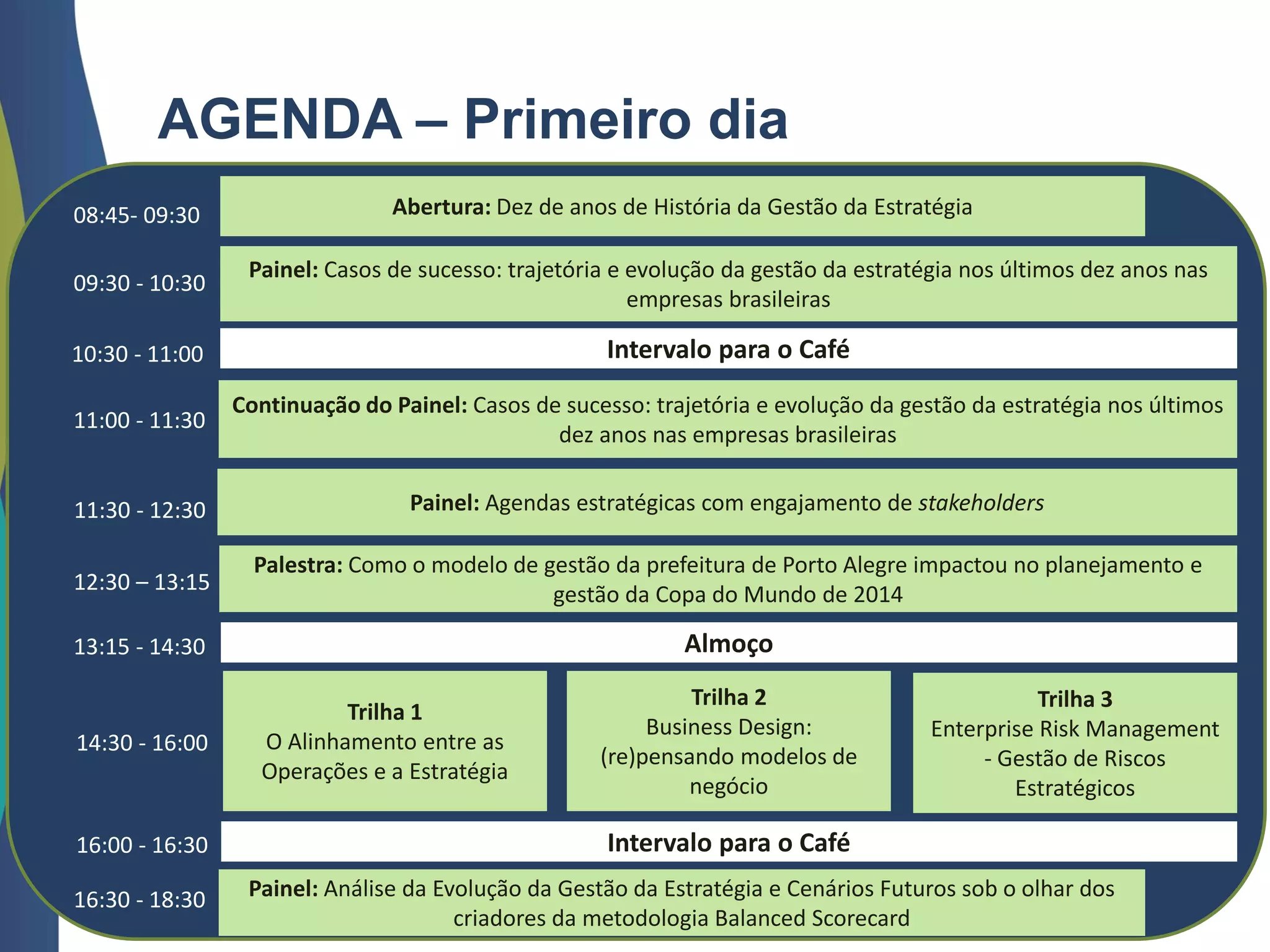AGENDA – Primeiro dia
Intervalo para o Café
Abertura: Dez de anos de História da Gestão da Estratégia
Painel: Agendas estratégicas com engajamento de stakeholders
08:45- 09:30
09:30 - 10:30
10:30 - 11:00
11:00 - 11:30
11:30 - 12:30
12:30 – 13:15
13:15 - 14:30
16:30 - 18:30
Painel: Casos de sucesso: trajetória e evolução da gestão da estratégia nos últimos dez anos nas
empresas brasileiras
Continuação do Painel: Casos de sucesso: trajetória e evolução da gestão da estratégia nos últimos
dez anos nas empresas brasileiras
Palestra: Como o modelo de gestão da prefeitura de Porto Alegre impactou no planejamento e
gestão da Copa do Mundo de 2014
Almoço
Painel: Análise da Evolução da Gestão da Estratégia e Cenários Futuros sob o olhar dos
criadores da metodologia Balanced Scorecard
Trilha 1
O Alinhamento entre as
Operações e a Estratégia
Trilha 2
Business Design:
(re)pensando modelos de
negócio
Trilha 3
Enterprise Risk Management
- Gestão de Riscos
Estratégicos
14:30 - 16:00
Intervalo para o Café16:00 - 16:30
 
