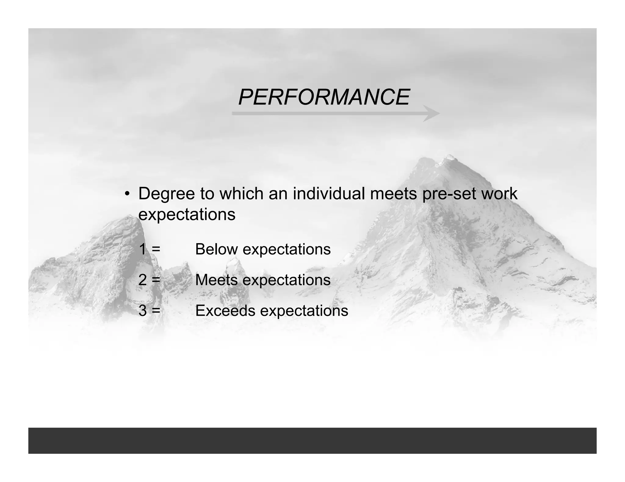 PERFORMANCE
• Degree to which an individual meets pre-set work
expectations
1 = Below expectations
2 = Meets expectations
3 = Exceeds expectations
 