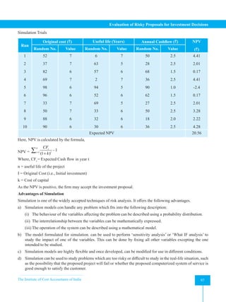 The Institute of Cost Accountants of India 97
Evaluation of Risky Proposals for Investment Decisions
Simulation Trials
Run
Original cost (`) Useful life (Years) Annual Cashflow (`) NPV
(`)
Random No. Value Random No. Value Random No. Value
1
2
3
4
5
6
7
8
9
10
52
37
82
69
98
96
33
50
88
90
7
7
6
7
6
6
7
7
6
6
6
63
57
2
94
52
69
33
32
30
7
5
6
7
5
6
5
6
6
6
50
28
68
36
90
62
27
50
18
36
2.5
2.5
1.5
2.5
1.0
1.5
2.5
2.5
2.0
2.5
4.41
2.01
0.17
4.41
-2.4
0.17
2.01
3.28
2.22
4.28
Expected NPV 20.56
Here, NPV is calculated by the formula,
NPV = 1
(1 )
n t
t
t
CF
k
=
+
∑ - I
Where, CFt
= Expected Cash flow in year t
n = useful life of the project
I = Original Cost (i.e., Initial investment)
k = Cost of capital
As the NPV is positive, the firm may accept the investment proposal.
Advantages of Simulation
Simulation is one of the widely accepted techniques of risk analysis. It offers the following advantages.
a) Simulation models con handle any problem which fits into the following description:
(i) The behaviour of the variables affecting the problem can be described using a probability distribution.
(ii) The interrelationship between the variables can be mathematically expressed.
(iii) The operation of the system can be described using a mathematical model.
b) The model formulated for simulation. can be used to perform ‘sensitivity analysis’ or ‘What IF analysis’ to
study the impact of one of the variables. This can be done by fixing all other variables excepting the one
intended to be studied.
c) Simulation models are highly flexible and once developed, can be modified for use in different conditions.
d) Simulation can be used to study problems which are too risky or difficult to study in the real-life situation, such
as the possibility that the proposed project will fail or whether the proposed computerized system of service is
good enough to satisfy the customer.
 