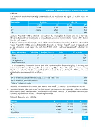 The Institute of Cost Accountants of India 105
Evaluation of Risky Proposals for Investment Decisions
Solution:
a. If there were no information to help with the decision, the project with the higher EV of profit would be
selected.
Probability Project A Project B
Profit EV Profit EV
0.3
0.7
4,000
(1,000)
1,200
(700)
1,500
500
450
350
1.0 500 800
Analysis: Project B would be selected. This is clearly the better option if demand turns out to be weak.
However, if demand were to turn out to be strong, Project A would be more profitable. There is a 30% chance
that this could happen.
b. Perfect information will indicate for certain whether demand will be weak or strong. If demand is forecasted
‘weak’ Project B would be selected. If demand is forecasted as ‘strong’, Project A would be selected, and
perfect information would improve the profit from `1,500, which would have been earned by selecting B to
`4,000.
Forecast demand Probability Project chosen Profit EV of profit
Weak 0.7 B 500 350
Strong 0.3 A 4,000 1,200
EV of profit with
perfect information
1,550
The Value of Perfect Information derives from the 0.3 probability that if demand is going to be strong, the
information would reveal this fact, and the decision is changed from ‘choose B’ to ‘choose A’ thereby earning
`2,500 more profit. The EV of the Value of Perfect Information is therefore 0.3 × `2,500 = `750. Another way
of making this same calculation is as follows: 								
(`)
EV of profit without Perfect Information (i.e., choose B all the time)
EV of profit with Perfect Information
800
1,550
Value of Perfect Information 750
Analysis: Provide that the information does not cost more than ` 750 to collect, it would be worth having.
8. A manager is trying to decide which of the three mutually exclusive projects to undertake. Each of the projects
could lead to varying net profits which are classified as outcomes I, II and III. The manager has constructed the
following pay-off table or matrix (a conditional profit table).
Net profit if outcome turns out to be:
Project I II III
A (`) 50,000 65,000 80,000
B (`) 70,000 60 ,000 75,000
C (`) 90,000 80,000 55,000
Probability 0.2 0.6 0.2
 
