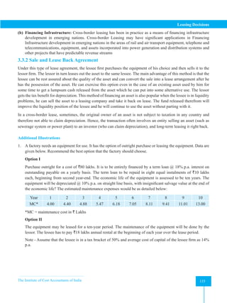The Institute of Cost Accountants of India 135
Leasing Decisions
(b) Financing Infrastructure: Cross-border leasing has been in practice as a means of financing infrastructure
development in emerging nations. Cross-border Leasing may have significant applications in Financing
Infrastructure development in emerging nations in the areas of rail and air transport equipment, telephone and
telecommunications, equipment, and assets incorporated into power generation and distribution systems and
other projects that have predictable revenue streams
3.3.2 Sale and Lease Back Agreement
Under this type of lease agreement, the lessee first purchases the equipment of his choice and then sells it to the
lessor firm. The lessor in turn leases out the asset to the same lessee. The main advantage of this method is that the
lessee can be rest assured about the quality of the asset and can convert the sale into a lease arrangement after he
has the possession of the asset. He can exercise this option even in the case of an existing asset used by him for
some time to get a lumpsum cash released from the asset which he can put into some alternative use. The lessor
gets the tax benefit for depreciation. This method of financing an asset is also popular when the lessee is in liquidity
problems, he can sell the asset to a leasing company and take it back on lease. The fund released therefrom will
improve the liquidity position of the lessee and he will continue to use the asset without parting with it.
In a cross-border lease, sometimes, the original owner of an asset is not subject to taxation in any country and
therefore not able to claim depreciation. Hence, the transaction often involves an entity selling an asset (such as
sewerage system or power plant) to an investor (who can claim depreciation), and long-term leasing it right back.
Additional Illustrations
1. A factory needs an equipment for use. It has the option of outright purchase or leasing the equipment. Data are
given below. Recommend the best option that the factory should choose.
Option I
Purchase outright for a cost of `80 lakhs. It is to be entirely financed by a term loan @ 18% p.a. interest on
outstanding payable on a yearly basis. The term loan to be repaid in eight equal instalments of `10 lakhs
each, beginning from second year-end. The economic life of the equipment is assessed to be ten years. The
equipment will be depreciated @ 10% p.a. on straight line basis, with insignificant salvage value at the end of
the economic life? The estimated maintenance expenses would be as detailed below:
Year 1 2 3 4 5 6 7 8 9 10
MC* 4.00 4.40 4.88 5.47 6.18 7.05 8.11 9.41 11.01 13.00
*MC = maintenance cost in ` Lakhs
Option II
The equipment may be leased for a ten-year period. The maintenance of the equipment will be done by the
lessor. The lessee has to pay `18 lakhs annual rental at the beginning of each year over the lease period.
Note - Assume that the lessee is in a tax bracket of 50% and average cost of capital of the lessee firm as 14%
p.a.
 