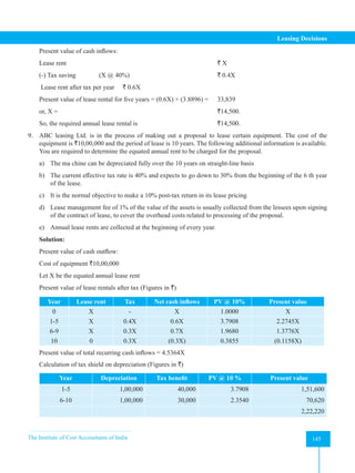The Institute of Cost Accountants of India 145
Leasing Decisions
Present value of cash inflows:
Lease rent							` X
(-) Tax saving (X @ 40%)				 ` 0.4X
Lease rent after tax per year ` 0.6X
Present value of lease rental for five years = (0.6X) × (3.8896) = 33,839
or, X = 							`14,500.
So, the required annual lease rental is 				 `14,500.
9. ABC leasing Ltd. is in the process of making out a proposal to lease certain equipment. The cost of the
equipment is `10,00,000 and the period of lease is 10 years. The following additional information is available.
You are required to determine the equated annual rent to be charged for the proposal.
a) The ma chine can be depreciated fully over the 10 years on straight-line basis
b) The current effective tax rate is 40% and expects to go down to 30% from the beginning of the 6 th year
of the lease.
c) It is the normal objective to make a 10% post-tax return in its lease pricing
d) Lease management fee of 1% of the value of the assets is usually collected from the lessees upon signing
of the contract of lease, to cover the overhead costs related to processing of the proposal.
e) Annual lease rents are collected at the beginning of every year.
Solution:
Present value of cash outflow:
Cost of equipment `10,00,000
Let X be the equated annual lease rent
Present value of lease rentals after tax (Figures in `)
Year Lease rent Tax Net cash inflows PV @ 10% Present value
0 X - X 1.0000 X
1-5 X 0.4X 0.6X 3.7908 2.2745X
6-9 X 0.3X 0.7X 1.9680 1.3776X
10 0 0.3X (0.3X) 0.3855 (0.1158X)
Present value of total recurring cash inflows = 4.5364X
Calculation of tax shield on depreciation (Figures in `)
Year Depreciation Tax benefit PV @ 10 % Present value
1-5 1,00,000 40,000 3.7908 1,51,600
6-10 1,00,000 30,000 2.3540 70,620
2,22,220
 