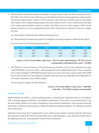 The Institute of Cost Accountants of India 151
Leasing Decisions
4. Welsh Limited is faced with a decision to purchase or acquire on lease a mini car. The cost of the mini car is
`1,26,965. It has a life of 5 years. The mini car can be obtained on lease by paying equal lease rentals annually.
The leasing company desires a return of 10% on the gross value of the asset. Welsh Limited can also obtain
100% finance from its regular banking channel. The rate of interest will be 15% p.a. and the loan will be paid
in five annual equal instalments, inclusive of interest. The effective tax rate of the company is 40%. For the
purpose of taxation, it is to be assumed that the asset will be written off over a period of 5 years on a straight-
line basis.
(a) Advise Welsh Limited about the method of acquiring the car.
(b) What should be the annual lease rental to be charged by the leasing company to match the loan option?
For your exercise use the following discount factors:
Discount Rate Year 1 Year 2 Year 3 Year 4 Year 5
10% 0.91 0.83 0.75 0.68 0.62
15% 0.87 0.76 0.66 0.57 0.49
9% 0.92 0.84 0.77 0.71 0.65
[Answer: (a) PV of cash outflow under lease = `81,719; under debt financing = `87,335; Lease is
recommended; (b) Required lease rental = `34,906]
5. The FFM Ltd. is in the tax bracket of 35% and discounts its cash flows at 16%. In the acquisition of an asset
worth `10,00,000, it is given two offers - either to acquire the asset by taking a bank loan @ 15% p.a. repayable
in five yearly instalments of `2,00,000 each plus interest or to lease-in the asset at yearly rentals of `3,24,000
for five years. In both cases, the instalment is payable at the end of the year. Applicable rate of depreciation is
15% using ‘written down value’ (WDV) method.
You are required to suggest the better alternative.
							 [Answer: PV of cash outflow: Under Lease = `6,89,505;
Under Buy = `7,31,540; Leasing is recommended]
Unsolved Case Study
Modern Outlook Ltd. (MOL), a small manufacturing firm, is considering the acquisition of the use of a machine.
After evaluating equipment offered by seven different manufacturers, it has come to the conclusion that ‘Z’ was
the most suitable machine for its needs. Consequently, it has asked the manufacturer’s sales personnel to provide
information on alternative financing plans available through their financing subsidiary. The subsidiary presented
the two alternatives.
Alternative I was to lease the ‘Z’ equipment for 7 years, which was the machine’s expected useful life. The annual
lease payments would be `14,700 and would include service and maintenance. Lease payments would be due at
the beginning of the year. Lease payments would be fully tax-deductible.
 