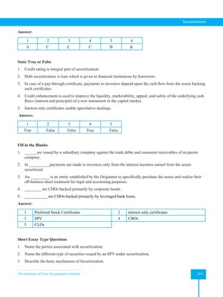 The Institute of Cost Accountants of India 167
Securitization
Answer:
1 2 3 4 5 6
A C C C B B
State True or False
1. Credit rating is integral part of securitization.
2. Debt securitization is loan which is given to financial institutions by borrowers.
3. In case of a pay-through certificate, payments to investors depend upon the cash flow from the assets backing
such certificates.
4. Credit enhancement is used to improve the liquidity, marketability, appeal, and safety of the underlying cash
flows (interest and principal) of a new instrument in the capital market.
5. Interest only certificates enable speculative dealings.
Answer:
1 2 3 4 5
True False False True False
Fill in the Blanks
1. ______are issued by a subsidiary company against the trade debts and consumer receivables of its parent
company.
2. In __________payments are made to investors only from the interest incomes earned from the assets
securitized.
3. An _________ is an entity established by the Originator to specifically purchase the assets and realize their
off-balance-sheet treatment for legal and accounting purposes.
4. ________ are CDOs backed primarily by corporate bonds
5. ___________ are CDOs backed primarily by leveraged bank loans.
Answer:
1 Preferred Stock Certificates 2 interest only certificates
3 SPV 4 CBOs
5 CLOs
Short Essay Type Questions
1. Name the parties associated with securitization.
2. Name the different type of securities issued by an SPV under securitization.
3. Describe the basic mechanism of Securitization.
 