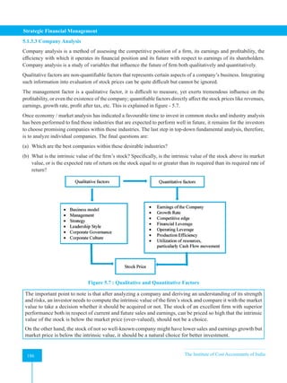 Strategic Financial Management
186 The Institute of Cost Accountants of India
186
5.1.3.3 Company Analysis
Company analysis is a method of assessing the competitive position of a firm, its earnings and profitability, the
efficiency with which it operates its financial position and its future with respect to earnings of its shareholders.
Company analysis is a study of variables that influence the future of firm both qualitatively and quantitatively.
Qualitative factors are non-quantifiable factors that represents certain aspects of a company’s business. Integrating
such information into evaluation of stock prices can be quite difficult but cannot be ignored.
The management factor is a qualitative factor, it is difficult to measure, yet exerts tremendous influence on the
profitability, or even the existence of the company; quantifiable factors directly affect the stock prices like revenues,
earnings, growth rate, profit after tax, etc. This is explained in figure - 5.7.
Once economy / market analysis has indicated a favourable time to invest in common stocks and industry analysis
has been performed to find those industries that are expected to perform well in future, it remains for the investors
to choose promising companies within those industries. The last step in top-down fundamental analysis, therefore,
is to analyze individual companies. The final questions are:
(a) Which are the best companies within these desirable industries?
(b) What is the intrinsic value of the firm’s stock? Specifically, is the intrinsic value of the stock above its market
value, or is the expected rate of return on the stock equal to or greater than its required than its required rate of
return?
Figure 5.7 : Qualitative and Quantitative Factors
The important point to note is that after analyzing a company and deriving an understanding of its strength
and risks, an investor needs to compute the intrinsic value of the firm’s stock and compare it with the market
value to take a decision whether it should be acquired or not. The stock of an excellent firm with superior
performance both in respect of current and future sales and earnings, can be priced so high that the intrinsic
value of the stock is below the market price (over-valued), should not be a choice.
On the other hand, the stock of not so well-known company might have lower sales and earnings growth but
market price is below the intrinsic value, it should be a natural choice for better investment.
 