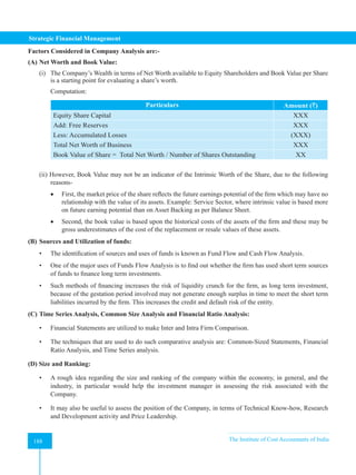 Strategic Financial Management
188 The Institute of Cost Accountants of India
188
Factors Considered in Company Analysis are:-
(A) Net Worth and Book Value:
(i) The Company’s Wealth in terms of Net Worth available to Equity Shareholders and Book Value per Share
is a starting point for evaluating a share’s worth.
Computation:
Particulars Amount (`)
Equity Share Capital XXX
Add: Free Reserves XXX
Less: Accumulated Losses (XXX)
Total Net Worth of Business XXX
Book Value of Share = Total Net Worth / Number of Shares Outstanding XX
(ii) However, Book Value may not be an indicator of the Intrinsic Worth of the Share, due to the following
reasons-
• First, the market price of the share reflects the future earnings potential of the firm which may have no
relationship with the value of its assets. Example: Service Sector, where intrinsic value is based more
on future earning potential than on Asset Backing as per Balance Sheet.
• Second, the book value is based upon the historical costs of the assets of the firm and these may be
gross underestimates of the cost of the replacement or resale values of these assets.
(B) Sources and Utilization of funds:
• The identification of sources and uses of funds is known as Fund Flow and Cash Flow Analysis.
• One of the major uses of Funds Flow Analysis is to find out whether the firm has used short term sources
of funds to finance long term investments.
• Such methods of financing increases the risk of liquidity crunch for the firm, as long term investment,
because of the gestation period involved may not generate enough surplus in time to meet the short term
liabilities incurred by the firm. This increases the credit and default risk of the entity.
(C) Time Series Analysis, Common Size Analysis and Financial Ratio Analysis:
• Financial Statements are utilized to make Inter and Intra Firm Comparison.
• The techniques that are used to do such comparative analysis are: Common-Sized Statements, Financial
Ratio Analysis, and Time Series analysis.
(D) Size and Ranking:
• A rough idea regarding the size and ranking of the company within the economy, in general, and the
industry, in particular would help the investment manager in assessing the risk associated with the
Company.
• It may also be useful to assess the position of the Company, in terms of Technical Know-how, Research
and Development activity and Price Leadership.
 