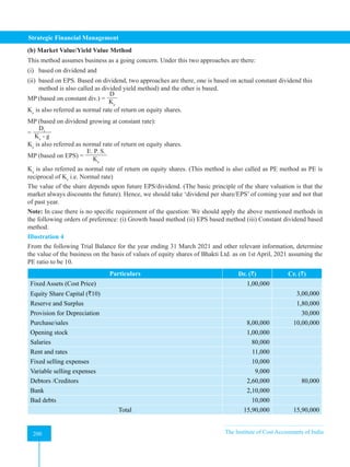 Strategic Financial Management
200 The Institute of Cost Accountants of India
200
(b) Market Value/Yield Value Method
This method assumes business as a going concern. Under this two approaches are there:
(i) based on dividend and
(ii) based on EPS. Based on dividend, two approaches are there, one is based on actual constant dividend this
method is also called as divided yield method) and the other is based.
MP (based on constant div.) =
D
Ke
Ke
is also referred as normal rate of return on equity shares.
MP (based on dividend growing at constant rate):
=
D1
Ke
- g
Ke
is also referred as normal rate of return on equity shares.
MP (based on EPS) =
E. P. S.
Ke
Ke
is also referred as normal rate of return on equity shares. (This method is also called as PE method as PE is
reciprocal of Ke
i.e. Normal rate)
The value of the share depends upon future EPS/dividend. (The basic principle of the share valuation is that the
market always discounts the future). Hence, we should take ‘dividend per share/EPS’ of coming year and not that
of past year.
Note: In case there is no specific requirement of the question: We should apply the above mentioned methods in
the following orders of preference: (i) Growth based method (ii) EPS based method (iii) Constant dividend based
method.
Illustration 4
From the following Trial Balance for the year ending 31 March 2021 and other relevant information, determine
the value of the business on the basis of values of equity shares of Bhakti Ltd. as on 1st April, 2021 assuming the
PE ratio to be 10.
Particulars Dr. (`) Cr. (`)
Fixed Assets (Cost Price) 1,00,000
Equity Share Capital (`10) 3,00,000
Reserve and Surplus 1,80,000
Provision for Depreciation 30,000
Purchase/sales 8,00,000 10,00,000
Opening stock 1,00,000
Salaries 80,000
Rent and rates 11,000
Fixed selling expenses 10,000
Variable selling expenses 9,000
Debtors /Creditors 2,60,000 80,000
Bank 2,10,000
Bad debts 10,000
Total 15,90,000 15,90,000
 