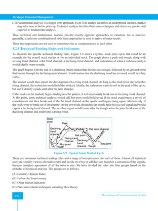 Strategic Financial Management
210 The Institute of Cost Accountants of India
210
(vi) Fundamental analysis is a longer term approach. Even if an analyst identifies an underpriced security, market
may take time to bid its price up. Technical analysts feel that their own techniques and charts are quicker and
superior to fundamental analysis.
Thus, technical and fundamental analysis provide exactly opposite approaches to valuation, but in practice,
generally, a judicious combination of both these approaches is used to arrive at better results.
These two approaches are not used as substitutes but as complementary to each other.
5.2.5 Technical Trading Rules and Indicators
To illustrate the specific technical trading rules, Figure 5.9 shows a typical stock price cycle that could be an
example for the overall stock market or for an individual stock. The graph shows a peak and trough, along with
a rising trend channel, a flat trend channel, a declining trend channel, and indications of when a technical analyst
would ideally want to trade.
The graph begins with the end of a declining (bear) market that finishes in a trough, followed by an upward trend
that breaks through the declining trend channel. Confirmation that the declining trend has reversed would be a buy
signal.
The analyst would then expect the development of a rising trend channel. As long as the stock price stayed in this
rising channel, the technician would hold the stock(s). Ideally, the technician wants to sell at the peak of the cycle,
but can’t identify a peak until after the rend changes.
If the stock (or the market) begins trading in a flat pattern, it will necessarily break out of its rising trend channel.
At this point, some technical analysts would sell, but most would hold to see if the stock experiences a period of
consolidation and then breaks out of the flat trend channel on the upside and begins rising again. Alternatively, if
the stock were to break out of the channel on the downside, the technician would take this as a sell signal and would
expect a declining trend channel. The next buy signal would come after the trough when the price breaks out of the
declining channel and establishes a rising trend.
Figure 5.9 : Typical Stock Market Cycle
There are numerous technical trading rules and a range of interpretations for each of them. Almost all technical
analysts consider various alternative rules and decide on a buy or sell decision based on a consensus of the signals,
because complete agreement of all the rules is rare. We have divided the rules into four groups based on the
attitudes of technical analysts. The groups are as follows:
(A) Contrary Opinion Rules
(B) Follow the Smart money
(C) Other market indicators
(D) Price and volume techniques including Dow theory.
 