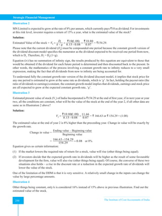 Strategic Financial Management
250 The Institute of Cost Accountants of India
250
Illustration 2
MN Limited is expected to grow at the rate of 8% per annum, which currently pays `10 as dividend. For investments
at this risk level, investor requires a return of 15% a year, what is the estimated value of the stock?
Solution:
Estimated Value of the stock = 1
0
10(1.08) 10.80
0.15 0.08 0.07
D
V
k g
= = =
− −
` `
= `154.29.
Please note that the current dividend (D0
) must be compounded one period because the constant growth version of
the dividend discount model specifies the numerator as the dividend expected to be received one period from now,
which is D1
.Therefore, D1
= D0
(1+g).
Equation (iv) has no summation of infinity sign, the results produced by this equation are equivalent to those that
would be obtained if the dividend for each future period is determined and then discounted back to the present. In
other words, the mathematics of the process involving a constant growth rate to infinity reduces to a very small
expression, making the fact that all dividends from now to infinity are being accounted for.
To understand fully the constant growth rate version of the dividend discount model, it implies that stock price for
any one period is estimated to grow at the same rate as dividends, which is ‘g’. In fact, holding the payout ratio (the
ratio of dividends to earnings) constant, the constant growth model implies that dividends, earnings and stock price
are all expected to grow at the expected constant growth rate, ‘g’.
Illustration 3
Estimated present value of stock (V1
) of India Incorporated is `154.29 at the end of first year, if in next year or year
two, all the conditions are constant, what will be the value of the stock at the end of the year 2, if all other data are
same as in Illustration 2 above?
Solution:
		 2
10.80(1.08) 11.66
0.15 0.08 0.07
V
= =
−
`
= ` 166.63 or ` 154.29 × (1.08)
The estimated value at the end of year 2 is 8% higher than the preceeding year. Change in value will be exactly by
the growth rate.
Change in value =
Ending value – Beginning value
Beginning value
=
166.63 154.29
0.08
154.29
−
= or 8%
Equation gives us certain information:
(1) If the market lowers the required rate of return for a stock, value will rise (other things being equal).
(2) If investors decide that the expected growth rate in dividends will be higher as the result of some favourable
development for the firm, value will also rise (other things being equal). Of course, the converse of these two
situations also holds – a rise in the discount rate or a reduction in the expected growth rate of dividends will
lower the value of the stock.
One of the limitation of the DDM is that it is very sensitive. A relatively small change in the inputs can change the
value by large percentage amounts.
Illustration 4
Other things being constant, only k is considered 16% instead of 15% above in previous illustration. Find out the
estimated value of the stock.
 